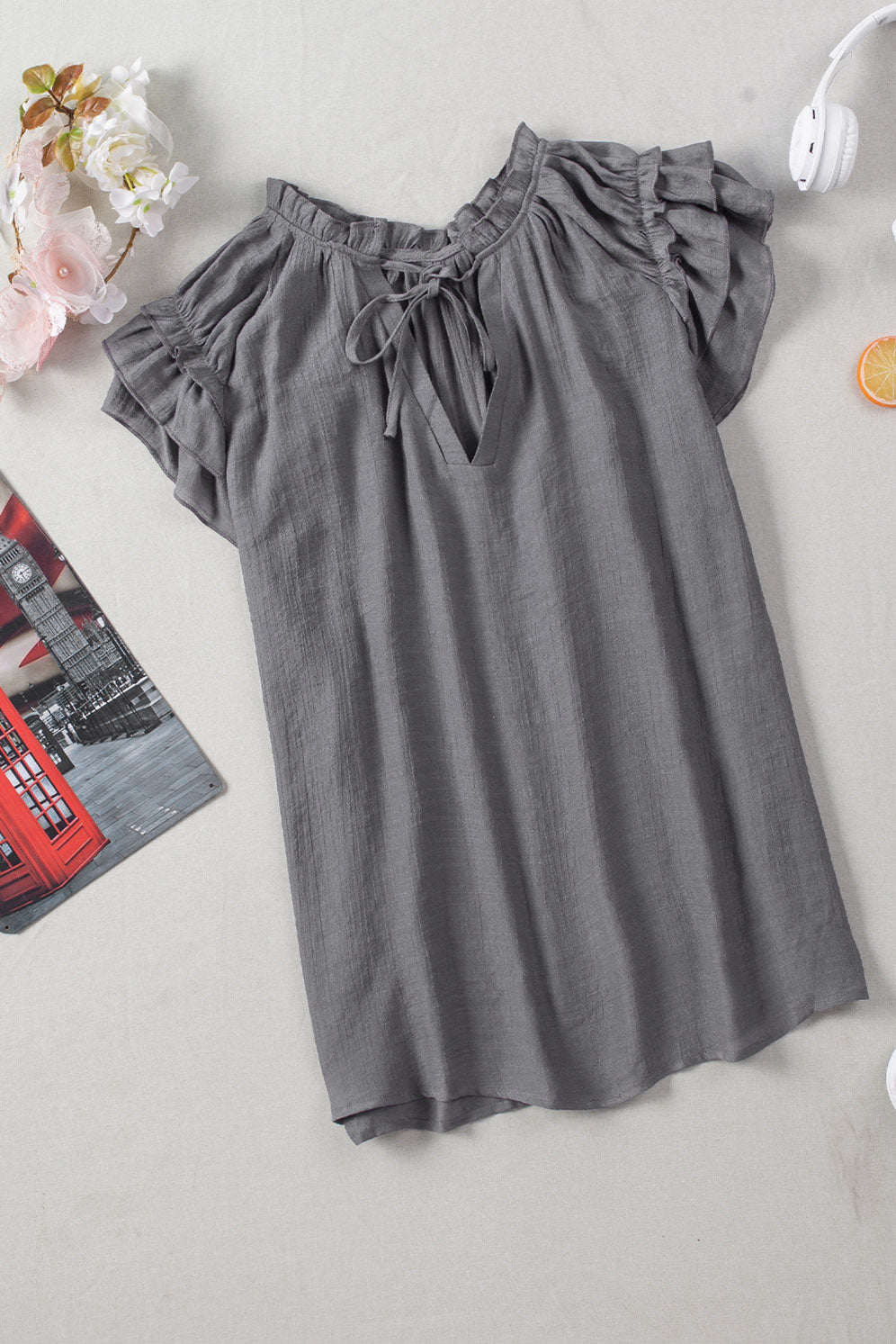 Gray V Neck Tiered Ruffle Sleeve Summer Top