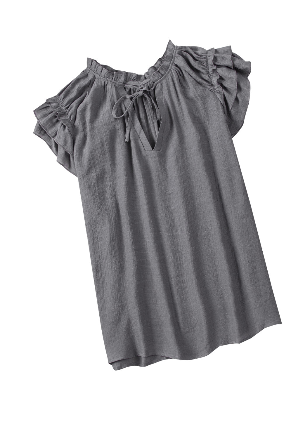 Gray V Neck Tiered Ruffle Sleeve Summer Top