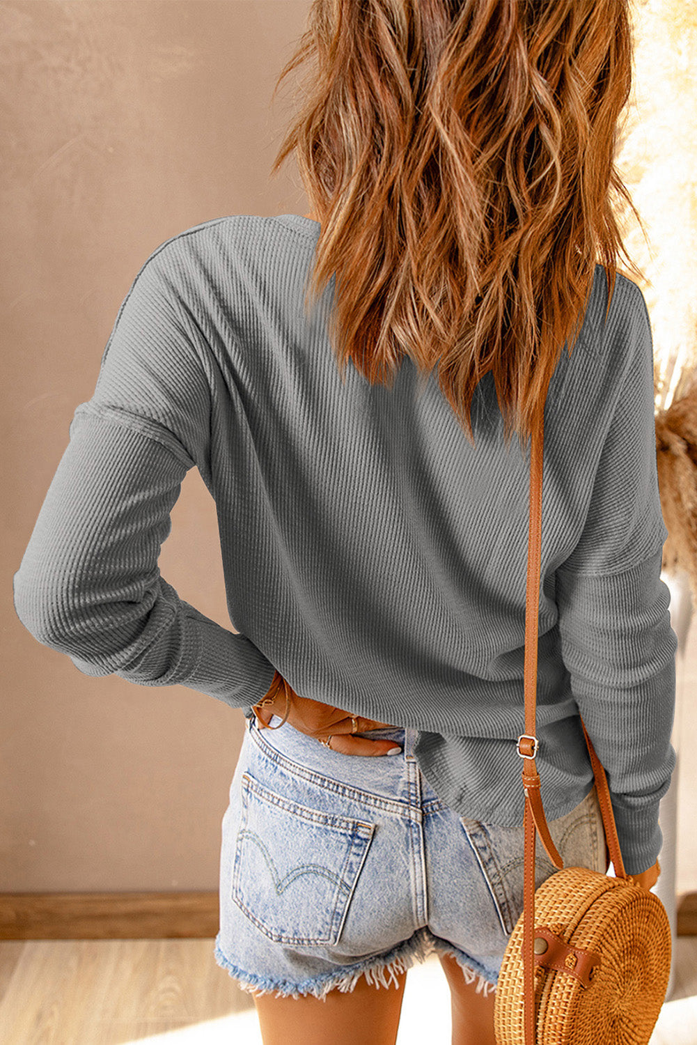 Gray Waffle Knit Henley Top