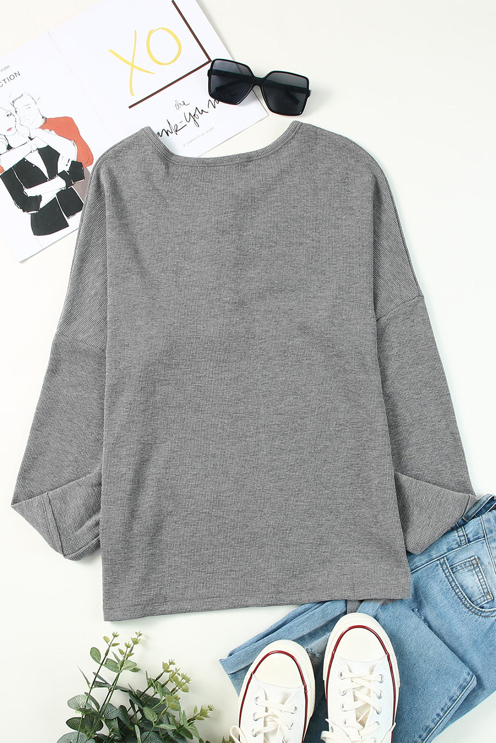 Gray Waffle Knit Henley Top