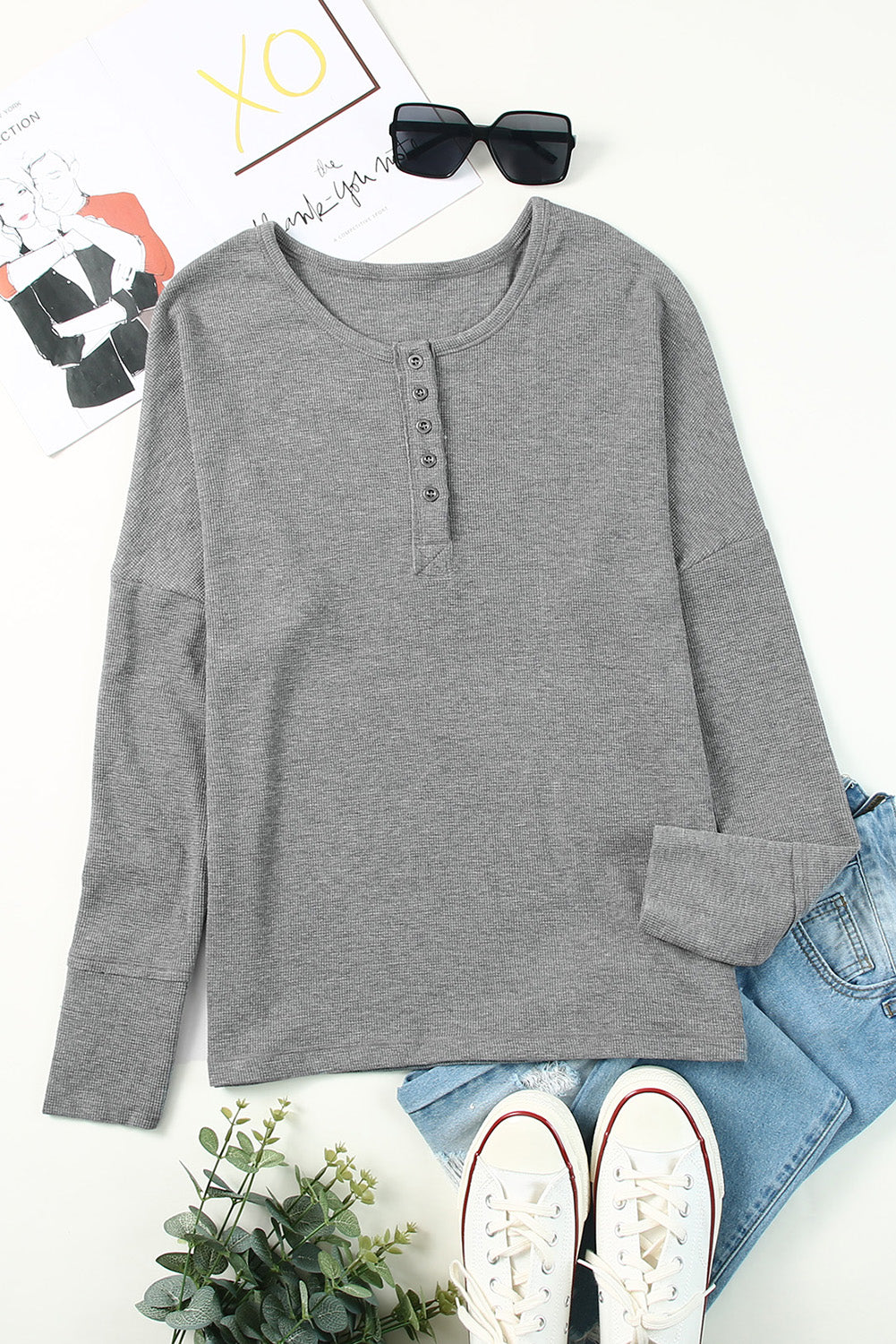 Gray Waffle Knit Henley Top