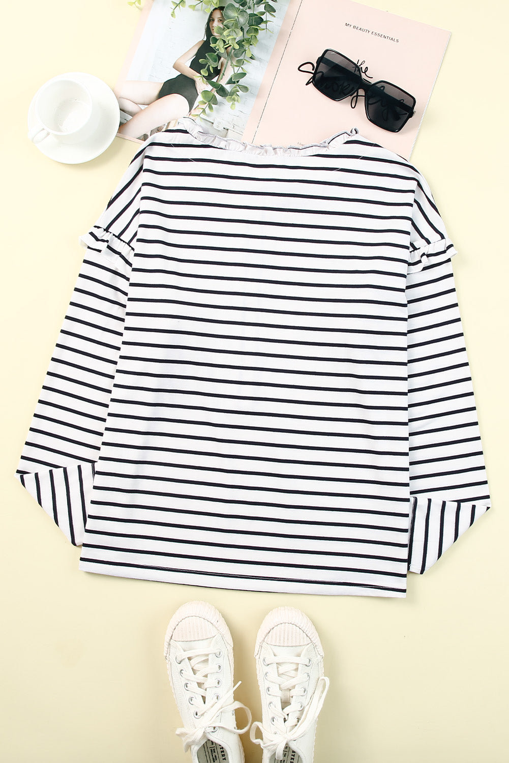 Black and White Striped Snap Button Ruffle Trim Long Sleeve Top