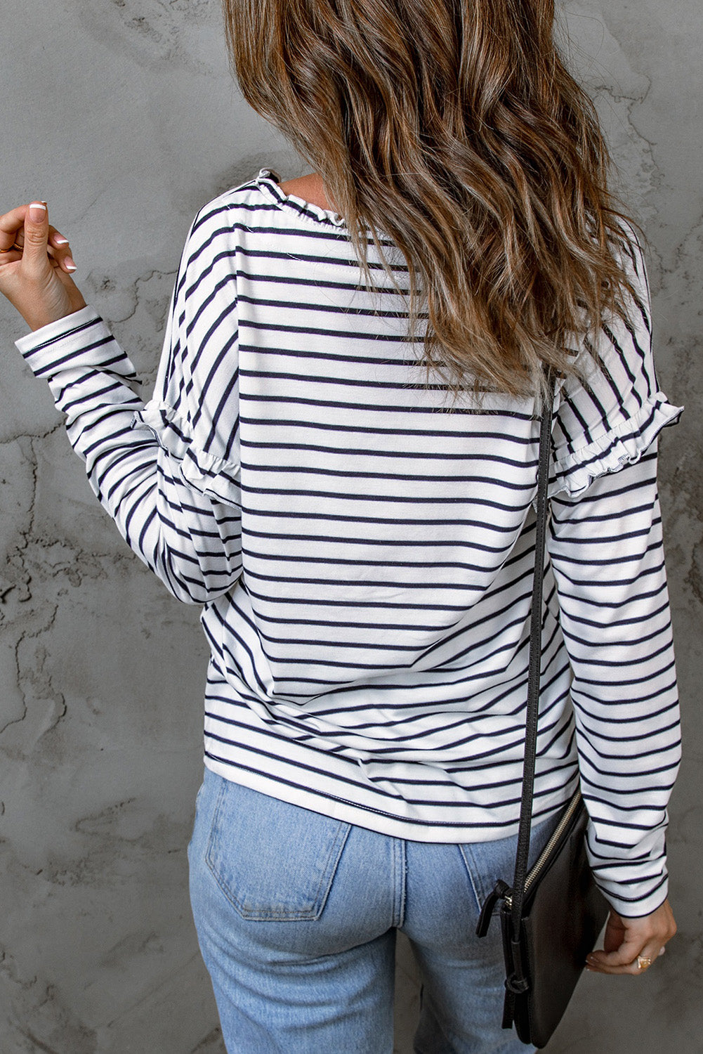 Black and White Striped Snap Button Ruffle Trim Long Sleeve Top