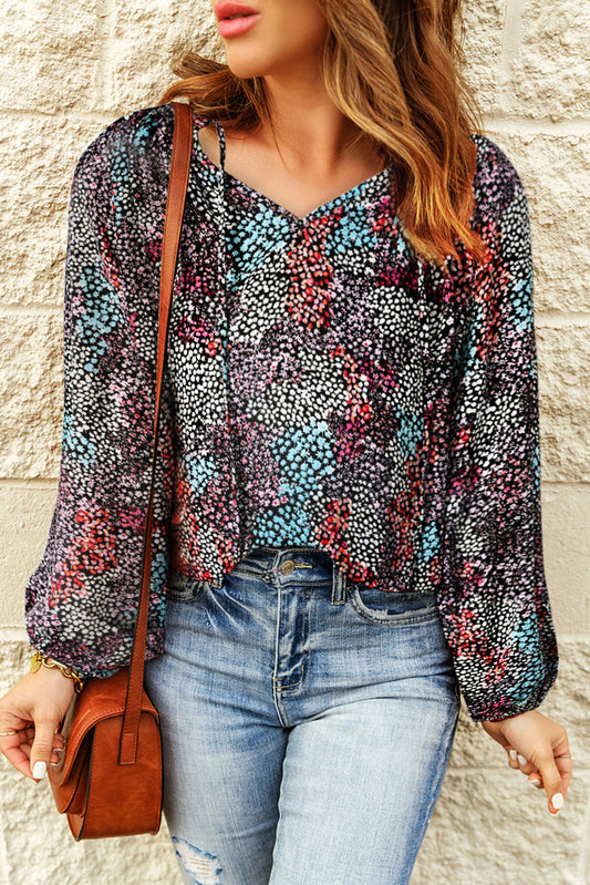 Multicolor Floral Boho V Neck Bishop Sleeve Blouse