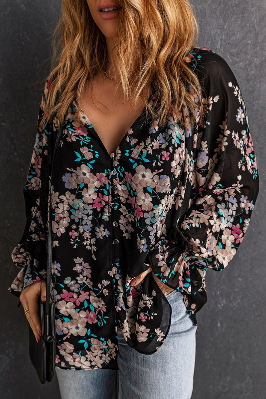 Black Floral Boho Chiffon Peasant Sleeve Blouse