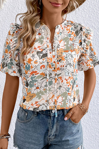 Clearance Split V Neck Puff Sleeve Floral Print Blouse