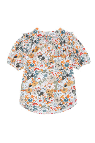 Clearance Split V Neck Puff Sleeve Floral Print Blouse