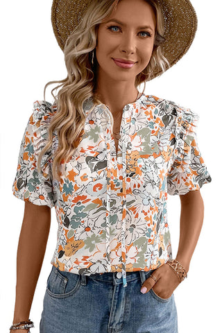 Clearance Split V Neck Puff Sleeve Floral Print Blouse