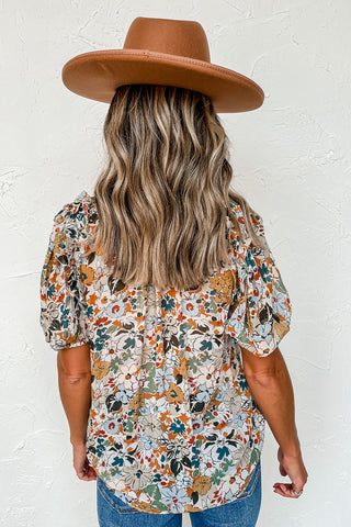 Clearance Split V Neck Puff Sleeve Floral Print Blouse