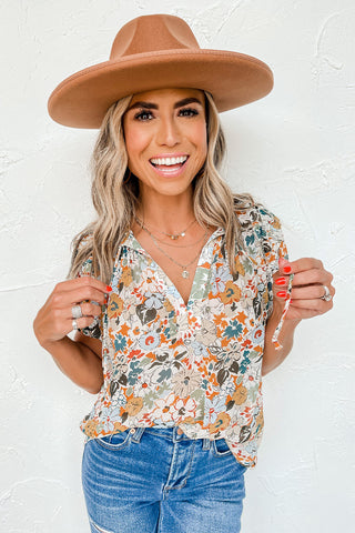Clearance Split V Neck Puff Sleeve Floral Print Blouse