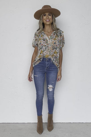 Clearance Split V Neck Puff Sleeve Floral Print Blouse