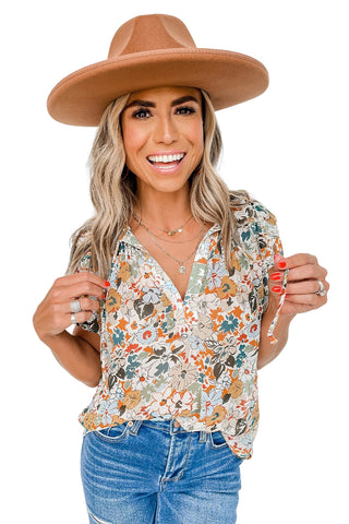 Clearance Split V Neck Puff Sleeve Floral Print Blouse