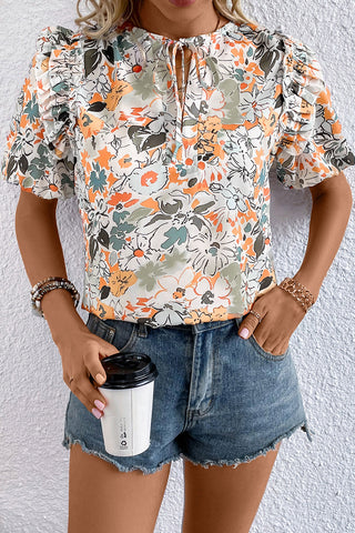 Clearance Split V Neck Puff Sleeve Floral Print Blouse