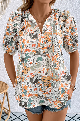Clearance Split V Neck Puff Sleeve Floral Print Blouse