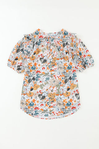 Clearance Split V Neck Puff Sleeve Floral Print Blouse