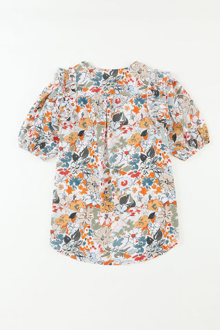 Clearance Split V Neck Puff Sleeve Floral Print Blouse