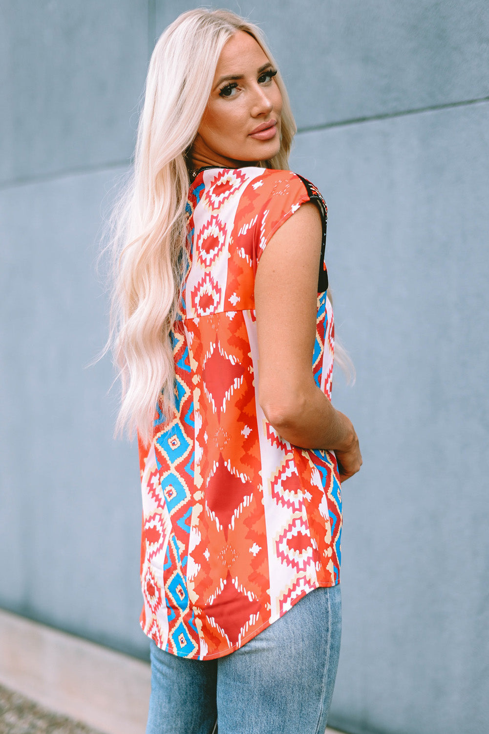 Multicolor Floral Aztec Geometric Cap Sleeve Top