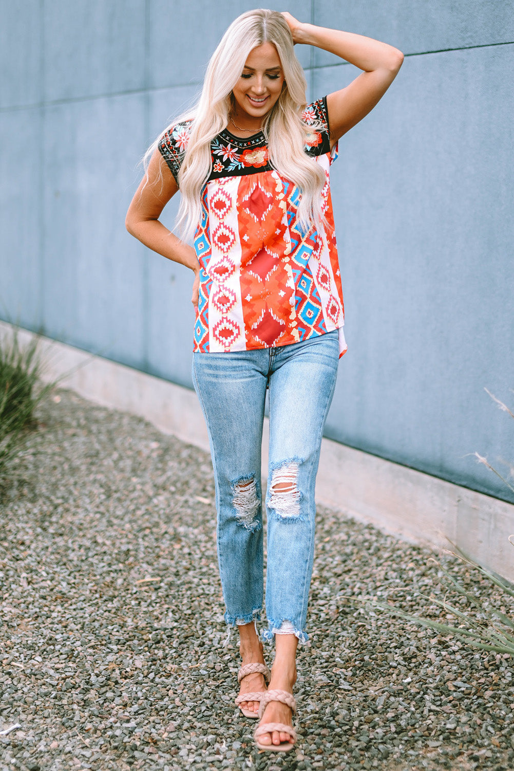 Multicolor Floral Aztec Geometric Cap Sleeve Top