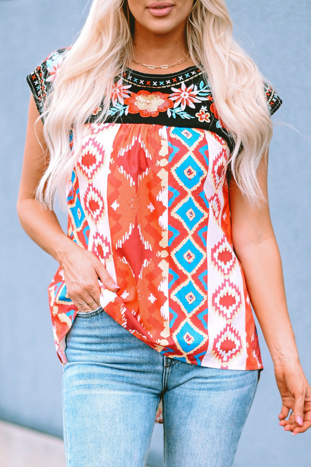 Multicolor Floral Aztec Geometric Cap Sleeve Top