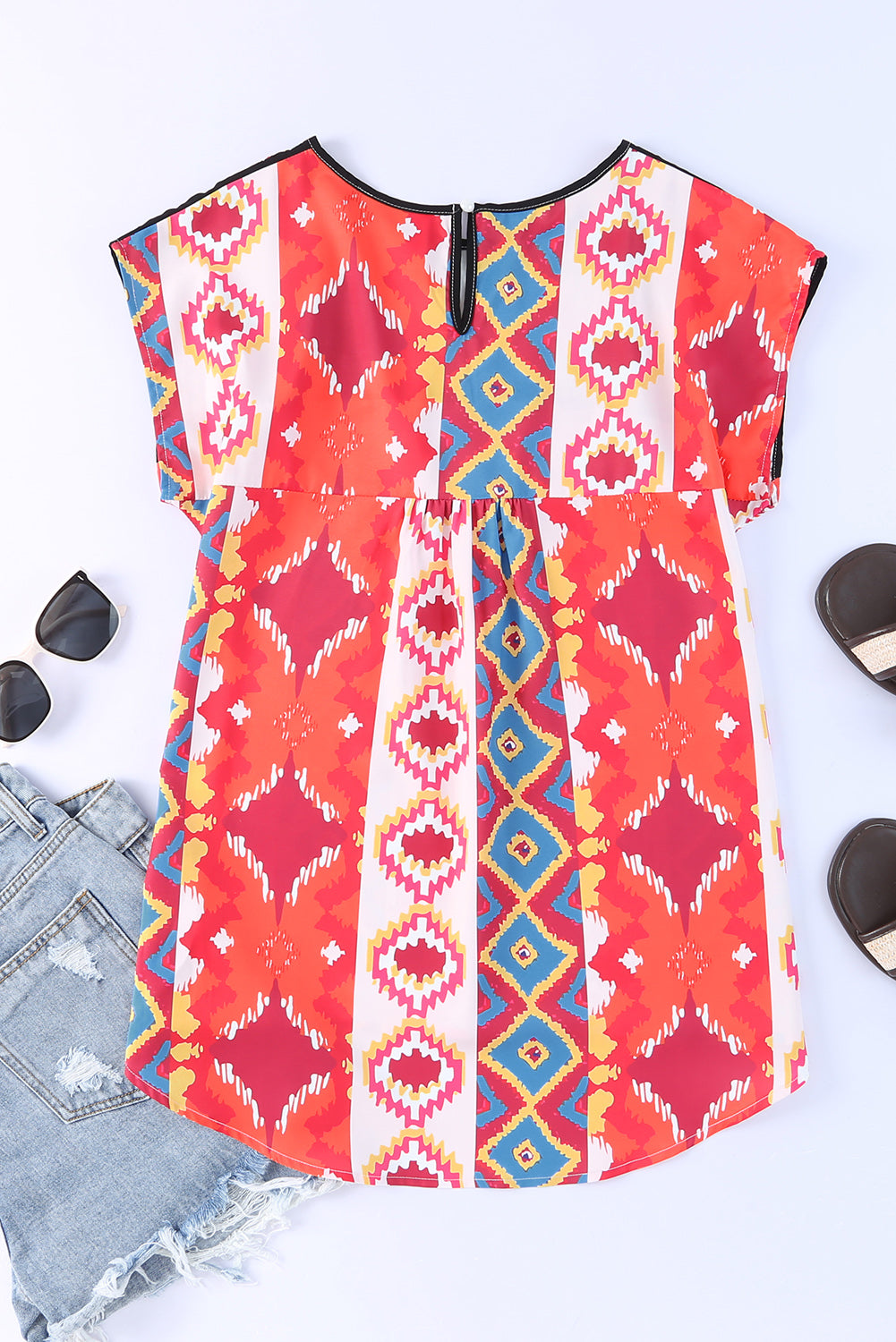 Multicolor Floral Aztec Geometric Cap Sleeve Top