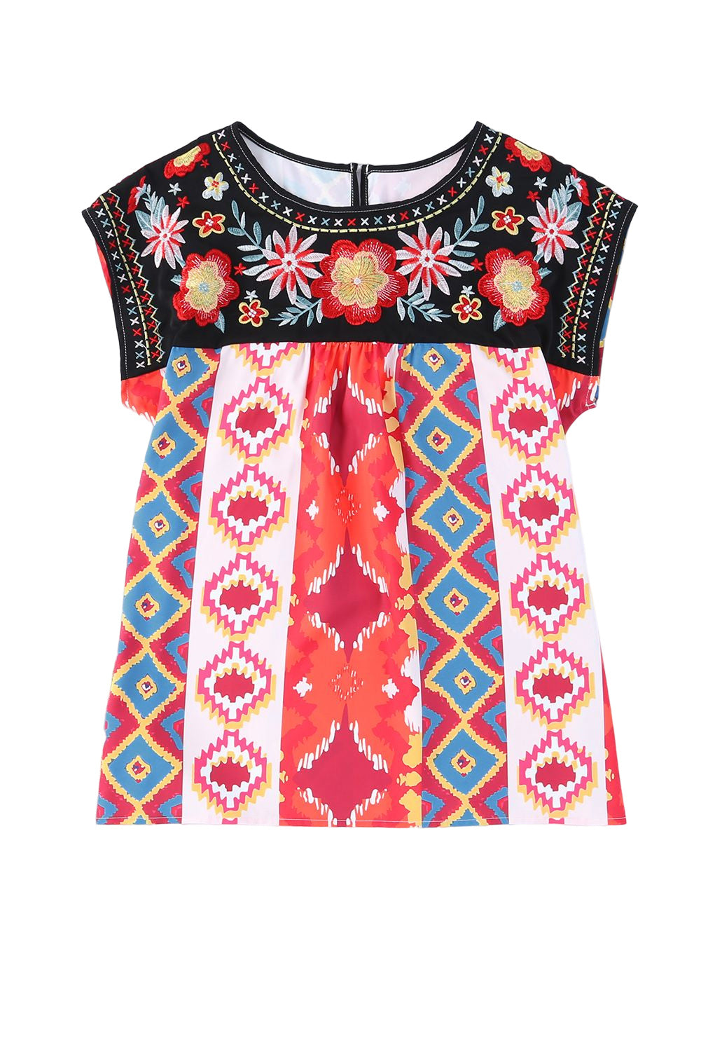 Multicolor Floral Aztec Geometric Cap Sleeve Top