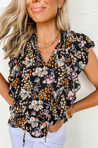 Black Floral Print Ruffle Drawstring V Neck Blouse