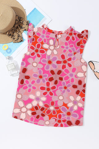Rose Embroidered Detail Floral Print Ruffle Trim Top