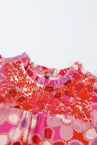Rose Embroidered Detail Floral Print Ruffle Trim Top