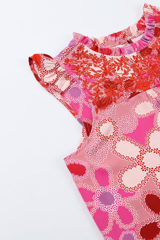 Rose Embroidered Detail Floral Print Ruffle Trim Top