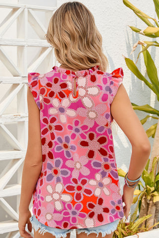 Rose Embroidered Detail Floral Print Ruffle Trim Top
