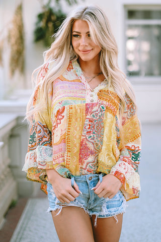 CLEARANCE Multicolor Paisley Print Bell Sleeve Lace V-Neck Button Sheer Blouse