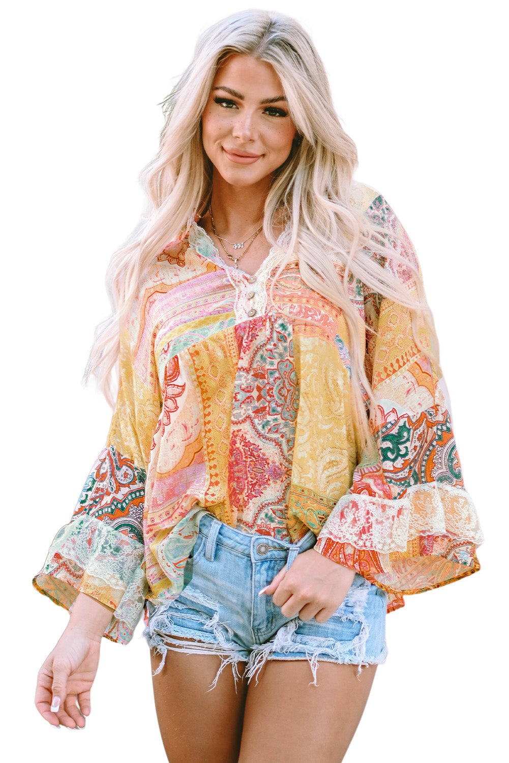 Multicolor Paisley Print Bell Sleeve Lace V-Neck Button Sheer Blouse