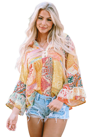 CLEARANCE Multicolor Paisley Print Bell Sleeve Lace V-Neck Button Sheer Blouse
