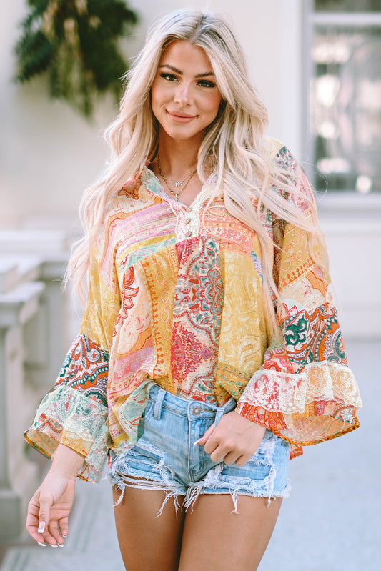 Multicolor Paisley Print Bell Sleeve Lace V-Neck Button Sheer Blouse