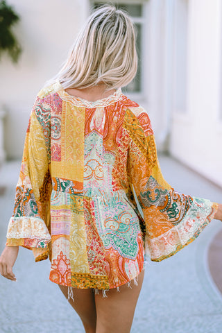 CLEARANCE Multicolor Paisley Print Bell Sleeve Lace V-Neck Button Sheer Blouse