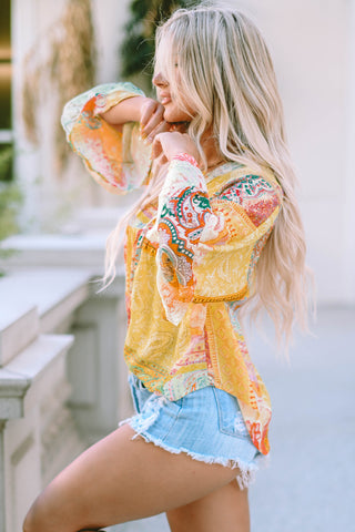CLEARANCE Multicolor Paisley Print Bell Sleeve Lace V-Neck Button Sheer Blouse