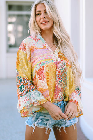 CLEARANCE Multicolor Paisley Print Bell Sleeve Lace V-Neck Button Sheer Blouse
