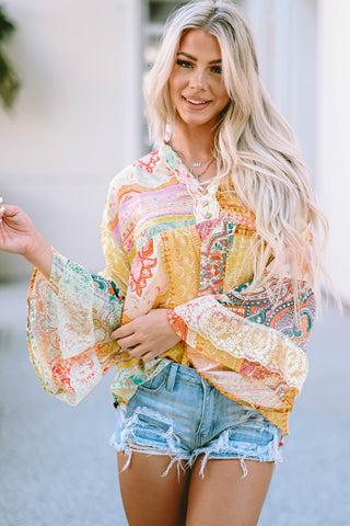CLEARANCE Multicolor Paisley Print Bell Sleeve Lace V-Neck Button Sheer Blouse