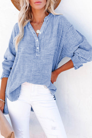 CLEARANCE Blue Crinkle Textured Loose Henley Top