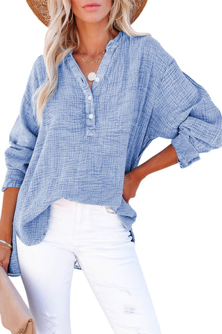 CLEARANCE Blue Crinkle Textured Loose Henley Top