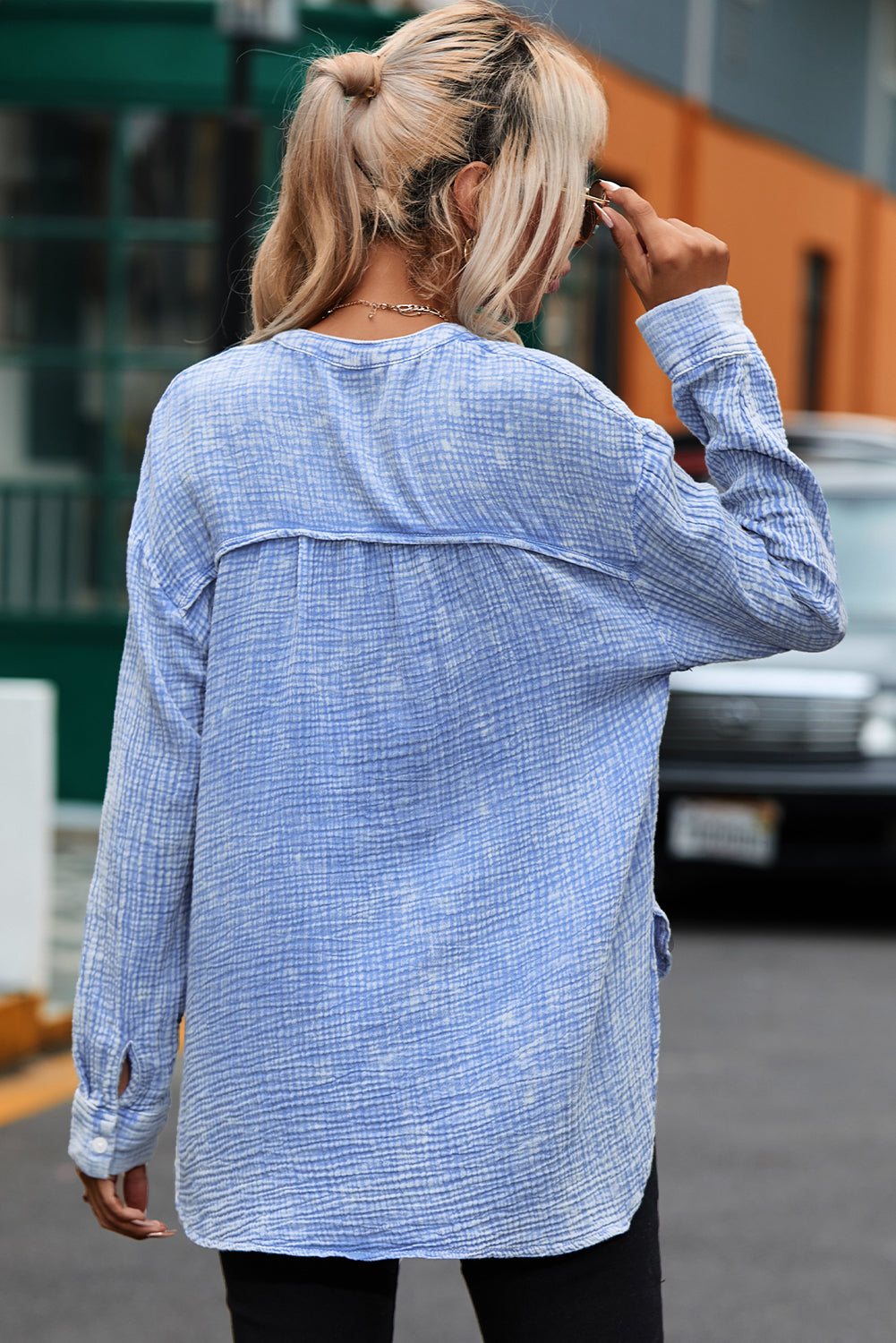 Sky Blue Crinkle Textured Loose Henley Top