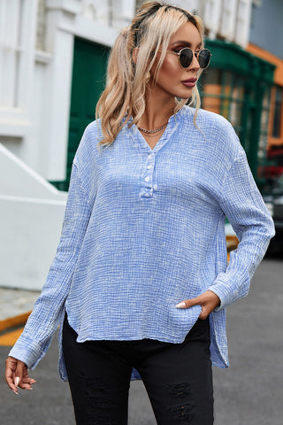 CLEARANCE Blue Crinkle Textured Loose Henley Top