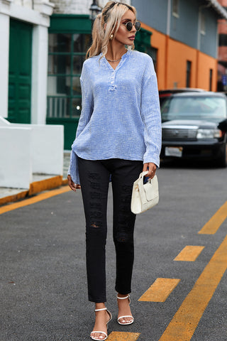 CLEARANCE Blue Crinkle Textured Loose Henley Top