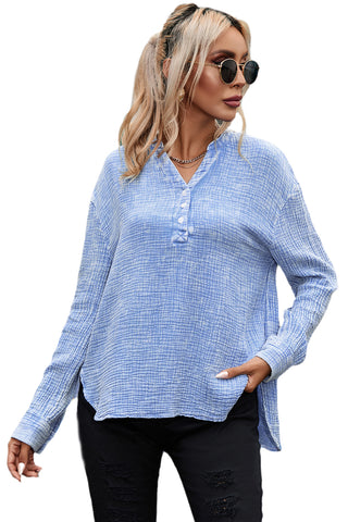 CLEARANCE Blue Crinkle Textured Loose Henley Top