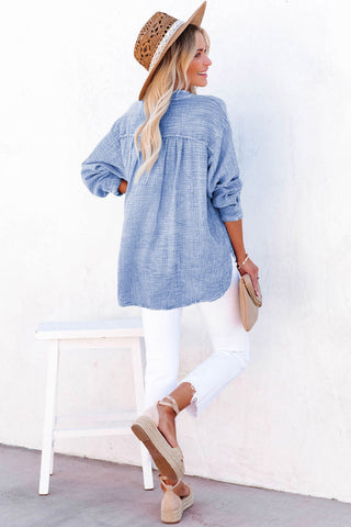 CLEARANCE Blue Crinkle Textured Loose Henley Top