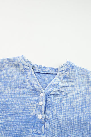 CLEARANCE Blue Crinkle Textured Loose Henley Top
