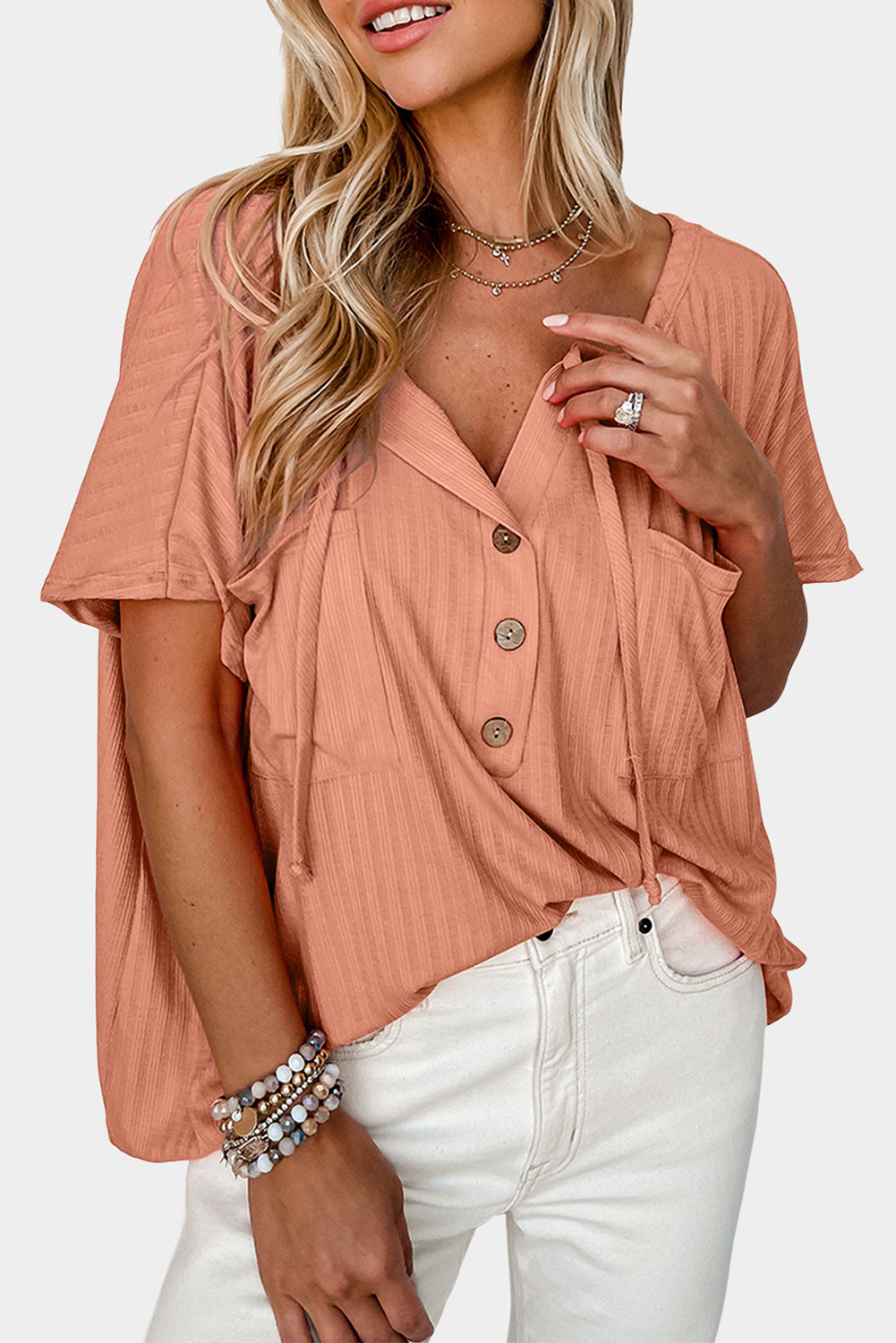 Orange Notched V Neck Buttoned Front Textured Loose Top