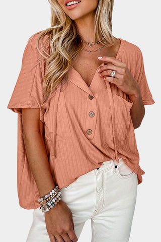 CLEARANCE ORANGE Notched V Neck Buttoned Front Textured Loose Top
