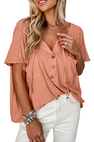 CLEARANCE ORANGE Notched V Neck Buttoned Front Textured Loose Top