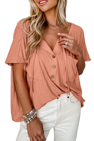 CLEARANCE ORANGE Notched V Neck Buttoned Front Textured Loose Top